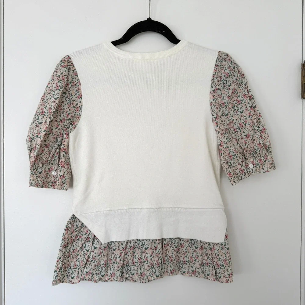 Anthropologie Puff Sleeve Floral Peplum Sweater Top Ivory Women's Size‎ XS